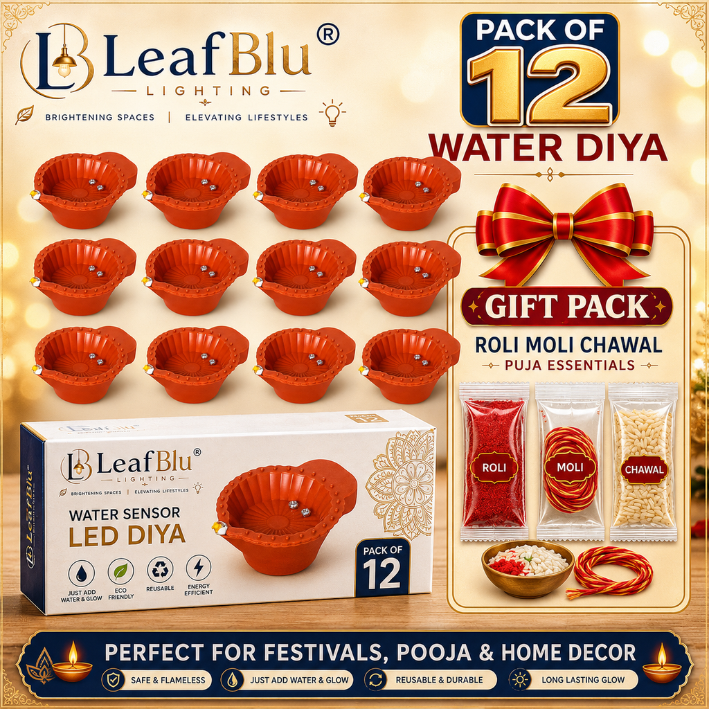 LeafBlu Water Sensor LED Diya Pack of 12 with Roli Moli Chawal Gift Pack | Flameless Water Sensor Diya | Reusable & Eco-Friendly LED Diyas for Pooja, Diwali & Festive Decoration