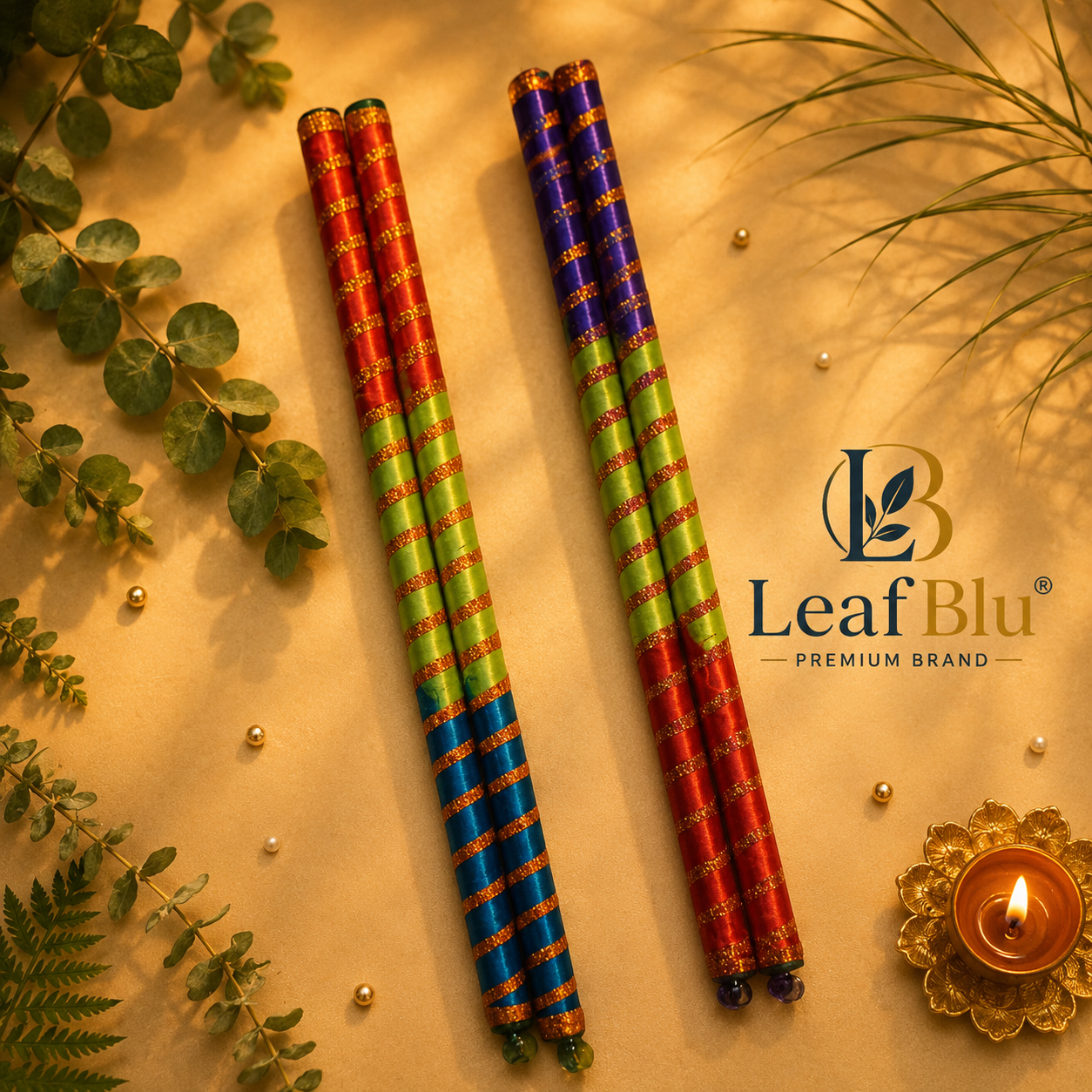 LeafBlu Wooden Garba Dandiya Sticks (Pack of 2 Pairs) | Multicolor Navratri Dandiya Set