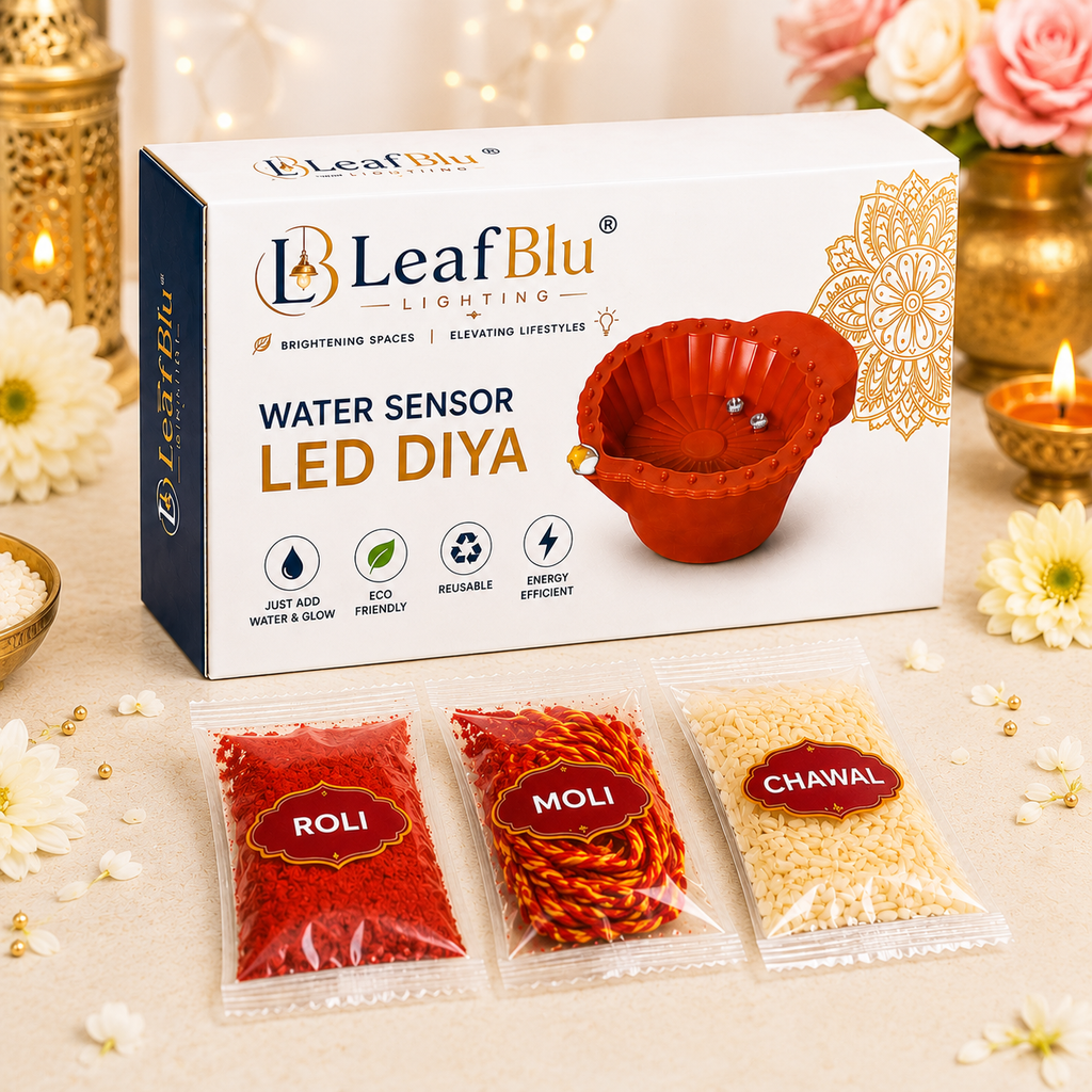 LeafBlu Water Sensor LED Diya Pack of 12 with Roli Moli Chawal Gift Pack | Flameless Water Sensor Diya | Reusable & Eco-Friendly LED Diyas for Pooja, Diwali & Festive Decoration