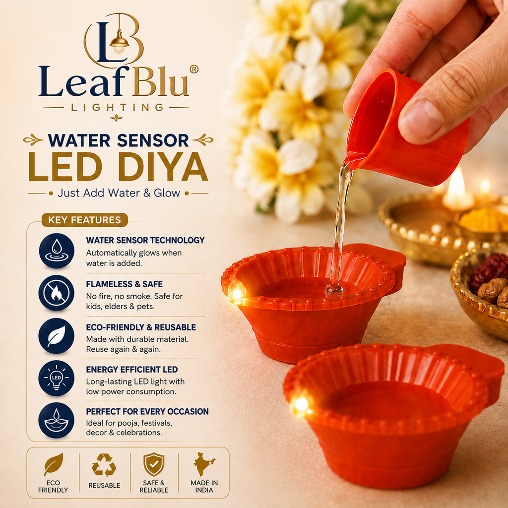 LeafBlu Water Sensor LED Diya Pack of 12 with Roli Moli Chawal Gift Pack | Flameless Water Sensor Diya | Reusable & Eco-Friendly LED Diyas for Pooja, Diwali & Festive Decoration