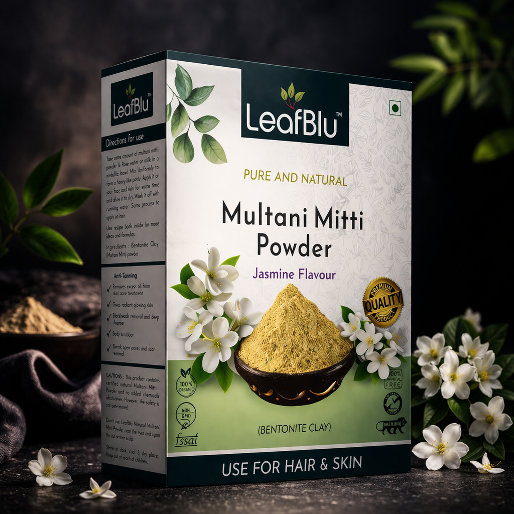 LeafBlu Multani Mitti Powder 200g (Jasmine Flavour) | 100% Natural Bentonite Clay for Face & Hair | Oil Control, Acne Care, Deep Cleansing & Skin Brightening | (Pack of 1)