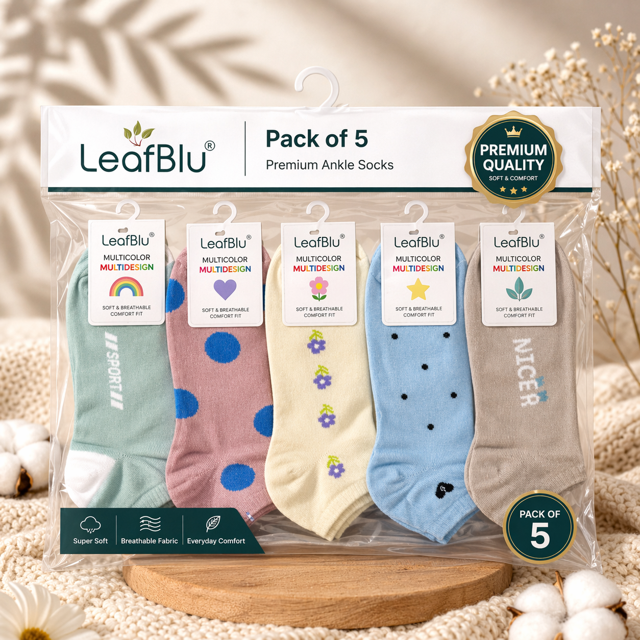 LeafBlu Women’s Ankle Sneaker Socks (Pack of 5) | Cotton Low Cut Socks | Multicolor Multidesign | Soft, Breathable, Stretchable & Comfortable Daily Wear | Premium Quality Socks for Girls & Women (Free Size)