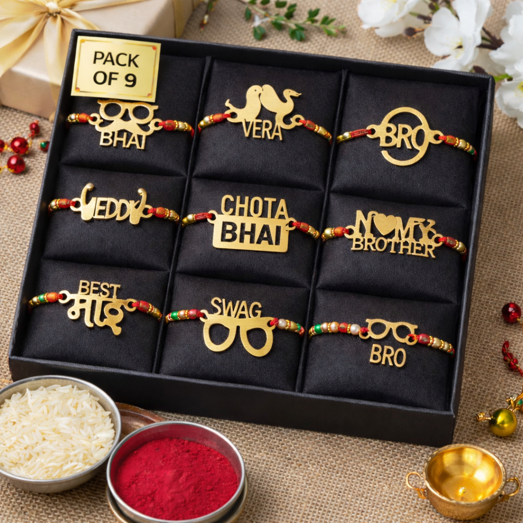LeafBlu Designer MDF Rakhi Set (Pack of 9) | Wooden Finish Rakhi Combo for Bhai & Brother | Premium Traditional & Stylish Rakhi for Raksha Bandhan Gift Roli Chawal & Greeting Card
