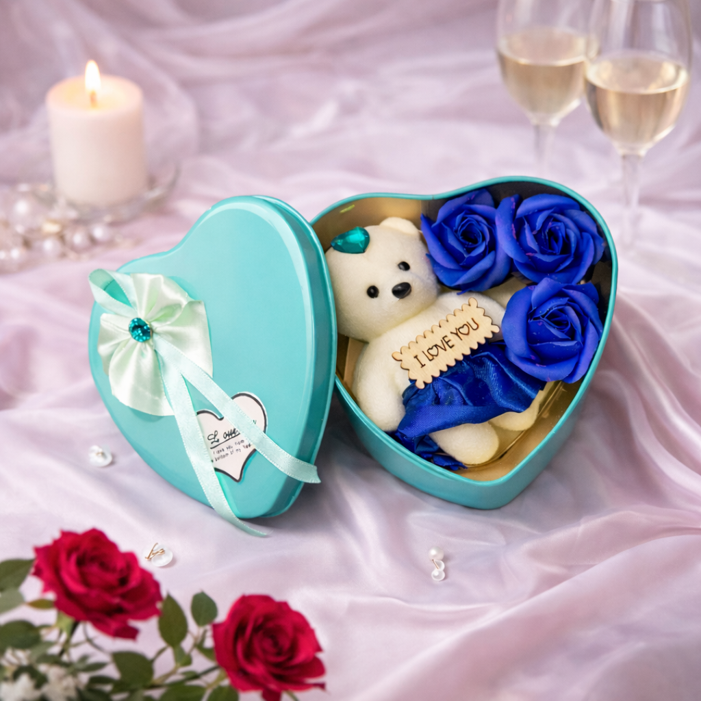 LeafBlu Premium Heart Shape Teddy Gift Box with Blue Roses & I Love You Message | Romantic Love Gift Set for Girlfriend, Boyfriend, Anniversary, Birthday (Pack of 1)