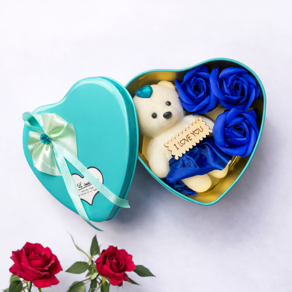 LeafBlu Premium Heart Shape Teddy Gift Box with Blue Roses & I Love You Message | Romantic Love Gift Set for Girlfriend, Boyfriend, Anniversary, Birthday (Pack of 1)