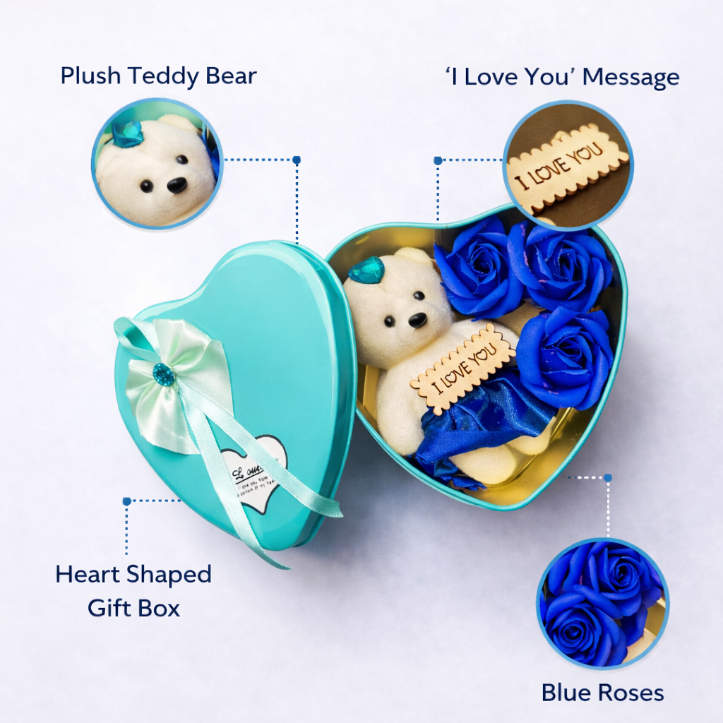 LeafBlu Premium Heart Shape Teddy Gift Box with Blue Roses & I Love You Message | Romantic Love Gift Set for Girlfriend, Boyfriend, Anniversary, Birthday (Pack of 1)