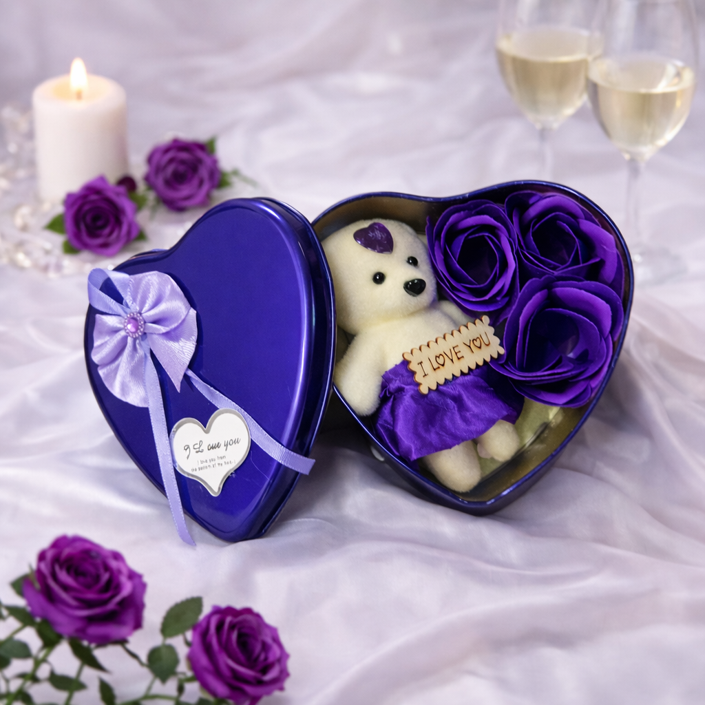 LeafBlu Premium Heart Shape Teddy Gift Box with Purple Roses & I Love You Message | Romantic Love Gift Set for Girlfriend, Boyfriend, Anniversary, Birthday (Pack of 1)