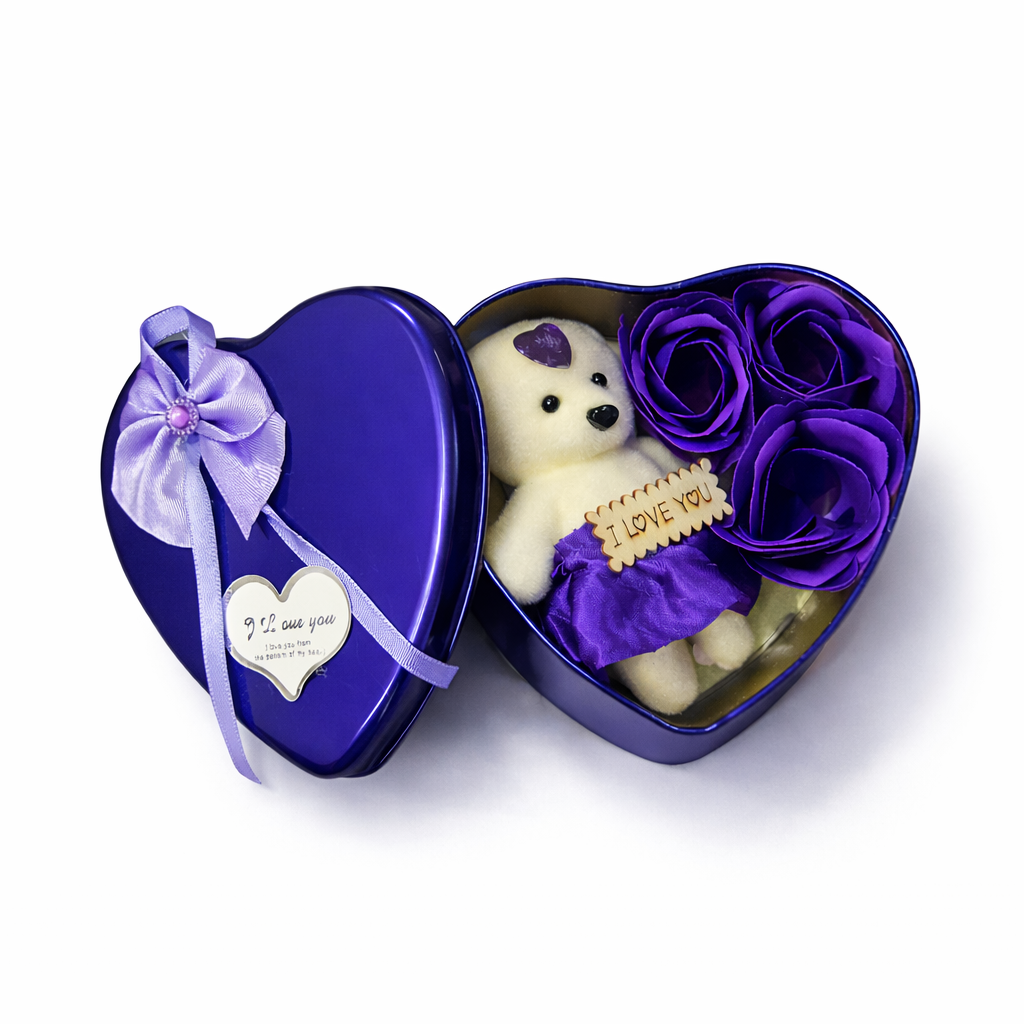 LeafBlu Premium Heart Shape Teddy Gift Box with Purple Roses & I Love You Message | Romantic Love Gift Set for Girlfriend, Boyfriend, Anniversary, Birthday (Pack of 1)