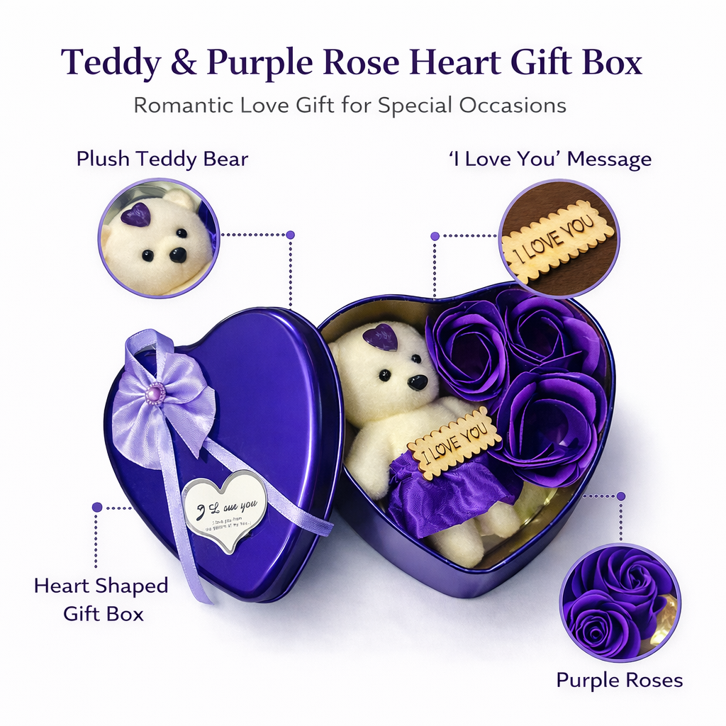 LeafBlu Premium Heart Shape Teddy Gift Box with Purple Roses & I Love You Message | Romantic Love Gift Set for Girlfriend, Boyfriend, Anniversary, Birthday (Pack of 1)