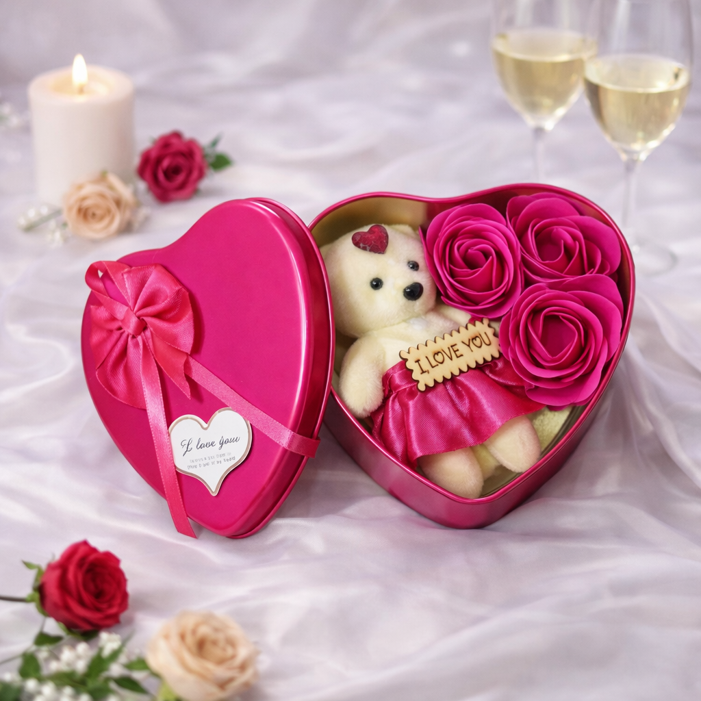 LeafBlu Heart Shape Teddy Gift Box with Dark Pink Roses & I Love You Message | Romantic Love Gift Set for Girlfriend, Boyfriend, Anniversary, Birthday (Pack of 1)