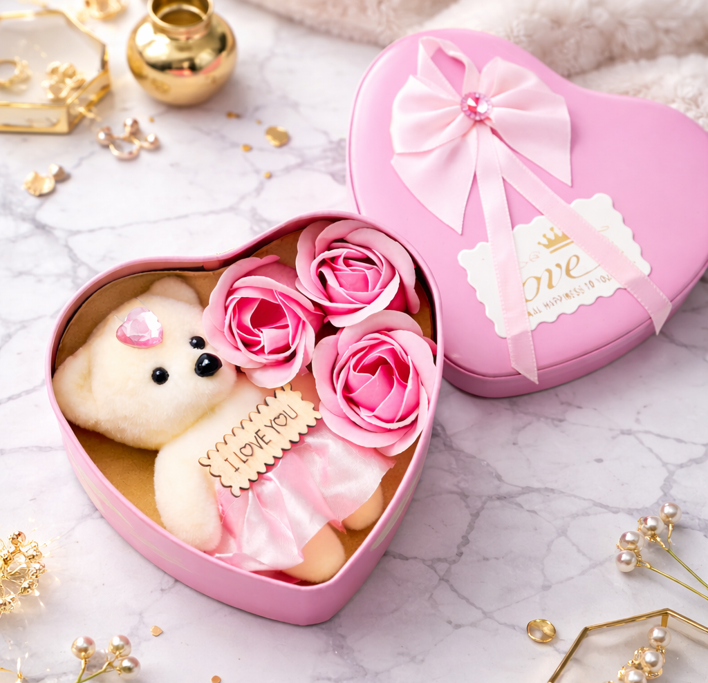 LeafBlu Premium Heart Shape Teddy Gift Box with Pink Roses & I Love You Message | Romantic Love Gift Set for Girlfriend, Anniversary, Birthday (Pack of 1)