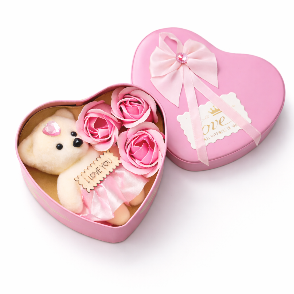 LeafBlu Premium Heart Shape Teddy Gift Box with Pink Roses & I Love You Message | Romantic Love Gift Set for Girlfriend, Anniversary, Birthday (Pack of 1)