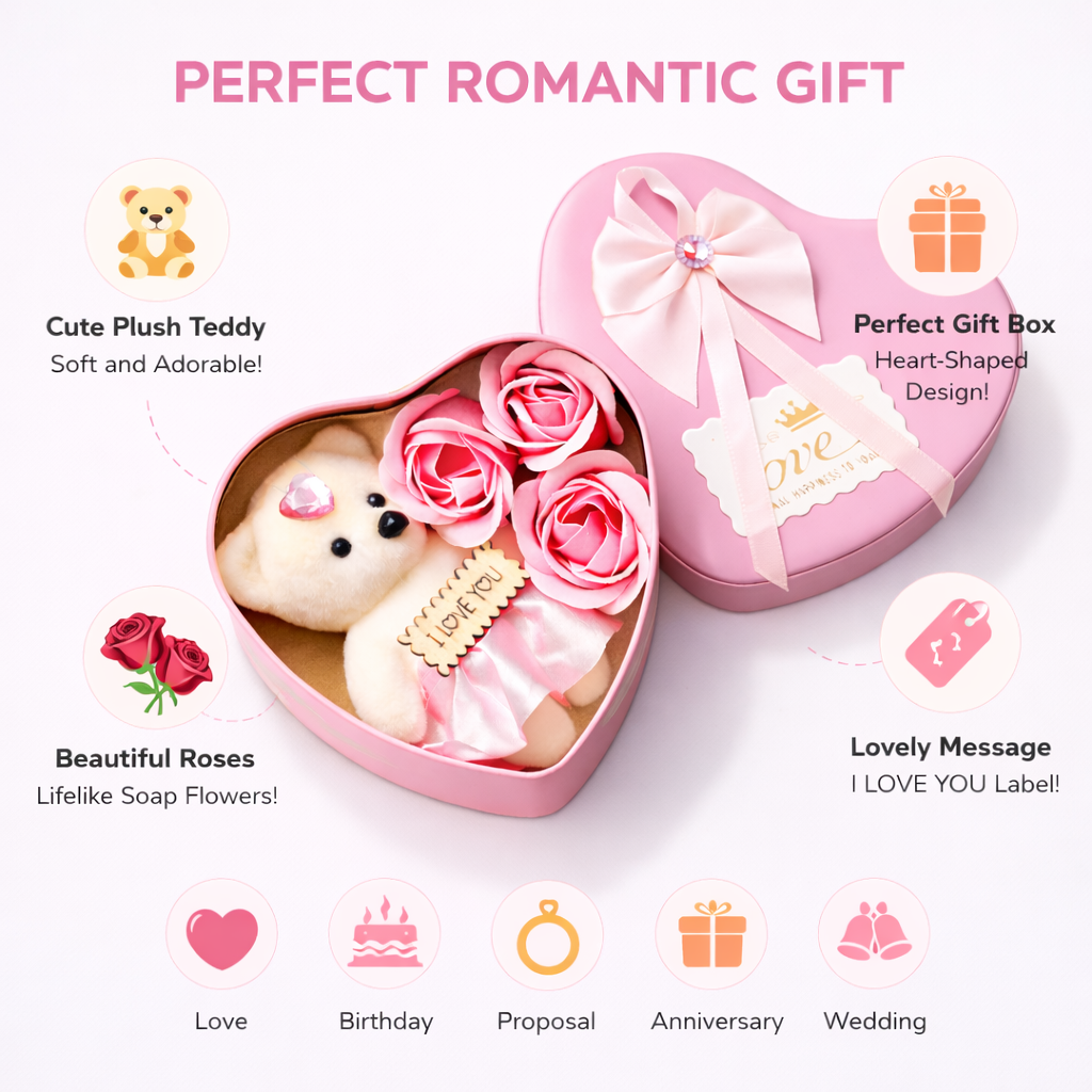 LeafBlu Premium Heart Shape Teddy Gift Box with Pink Roses & I Love You Message | Romantic Love Gift Set for Girlfriend, Anniversary, Birthday (Pack of 1)
