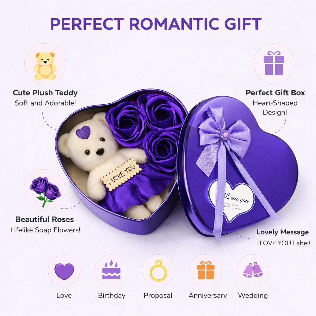 LeafBlu Premium Heart Shape Teddy Gift Box with Purple Roses & I Love You Message | Romantic Love Gift Set for Girlfriend, Boyfriend, Anniversary, Birthday (Pack of 1)