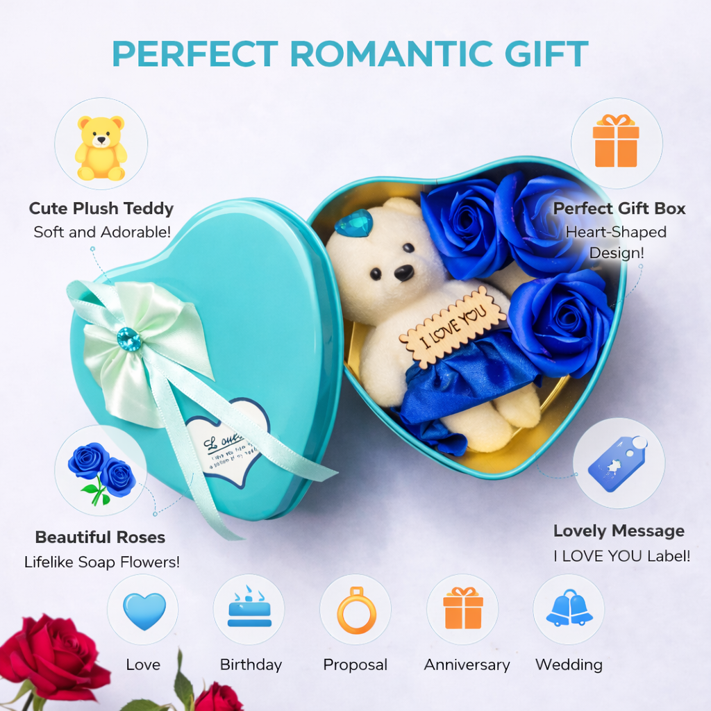 LeafBlu Premium Heart Shape Teddy Gift Box with Blue Roses & I Love You Message | Romantic Love Gift Set for Girlfriend, Boyfriend, Anniversary, Birthday (Pack of 1)