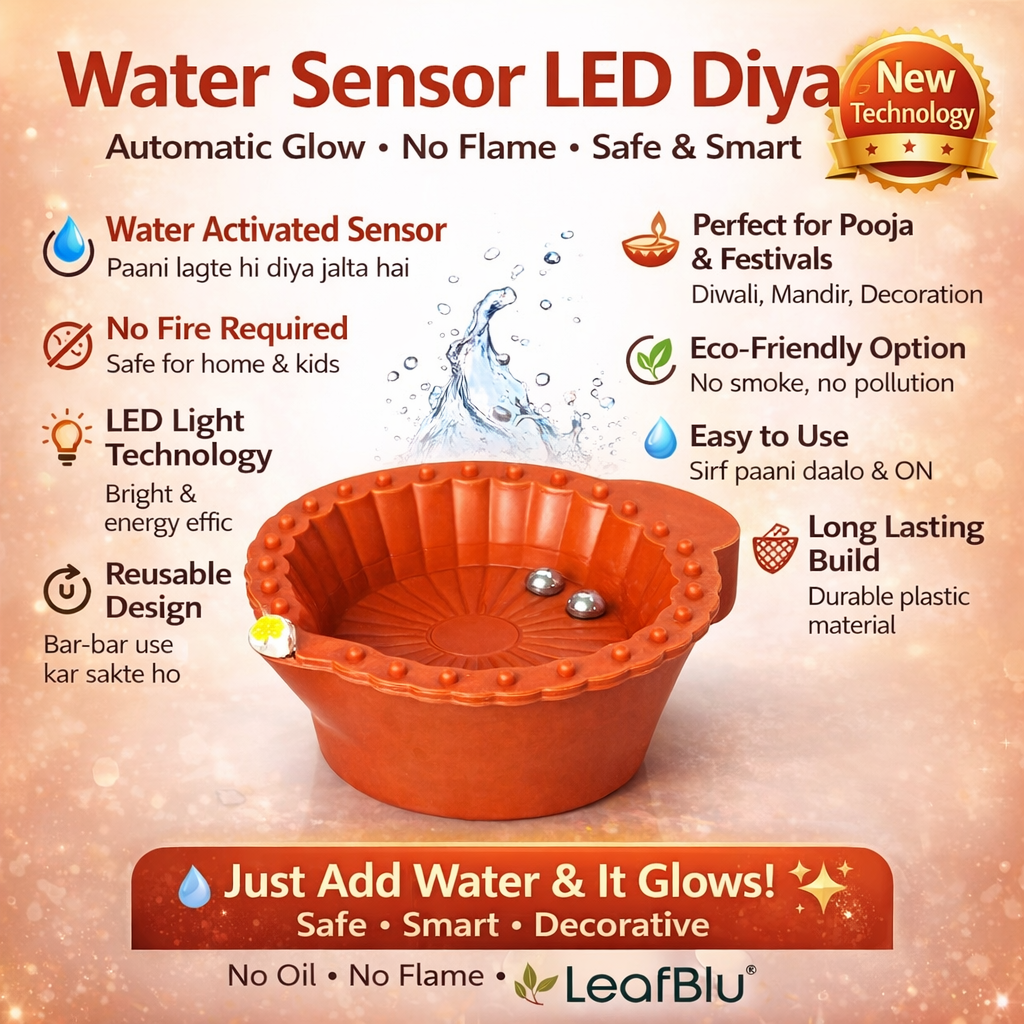 LeafBlu Smart LED Water Sensor Diyas (Pack of 6) | Flameless, Eco-Friendly & Reusable Lights for Festive Decor & Pooja