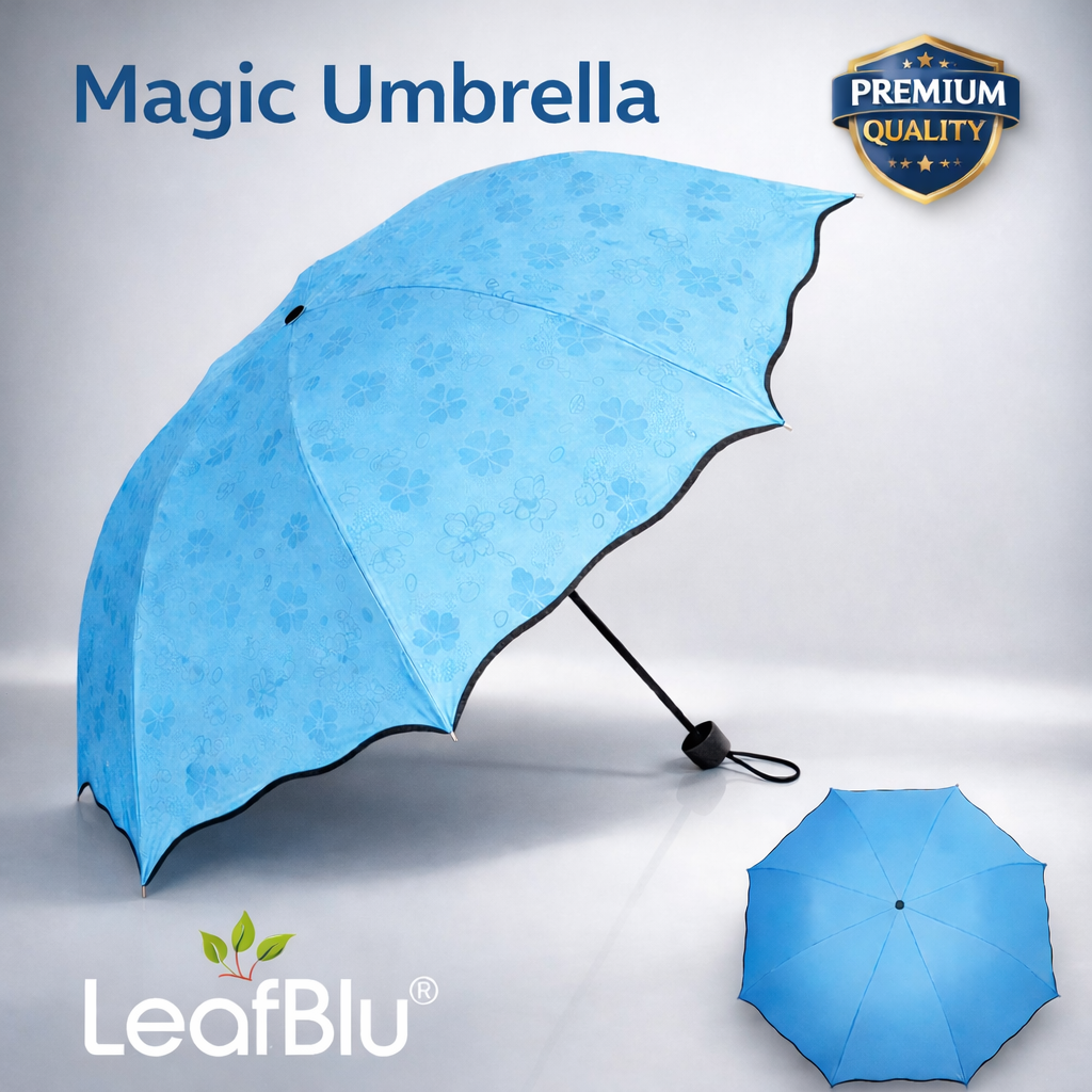 LeafBlu Magic Umbrella for Women & Girls | Waterproof & Windproof Folding Umbrella | Lightweight Compact Travel Umbrella | UV Protection Rain Umbrella | Premium Quality Portable Umbrella (Blue) Pack of 1