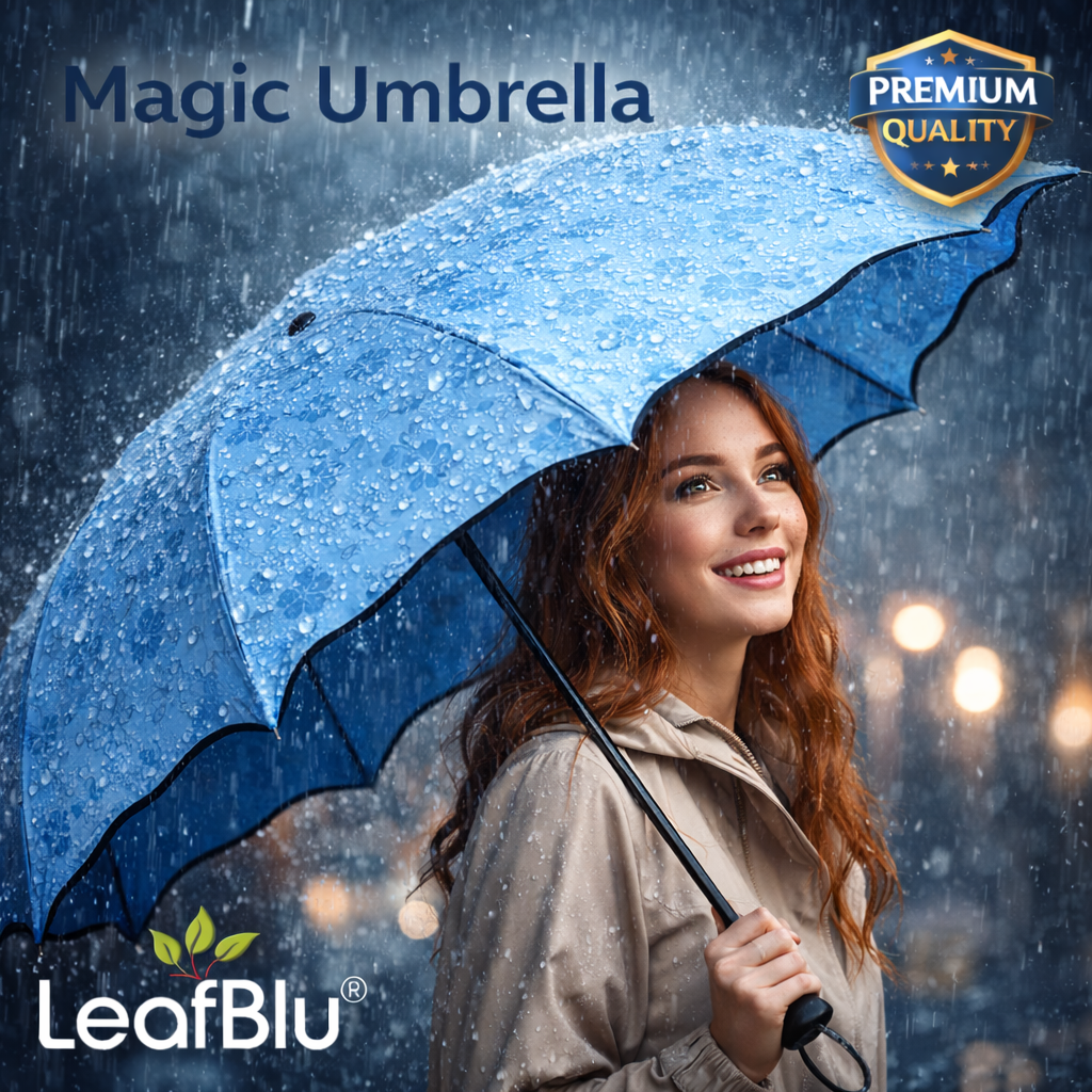 LeafBlu Magic Umbrella for Women & Girls | Waterproof & Windproof Folding Umbrella | Lightweight Compact Travel Umbrella | UV Protection Rain Umbrella | Premium Quality Portable Umbrella (Blue) Pack of 1