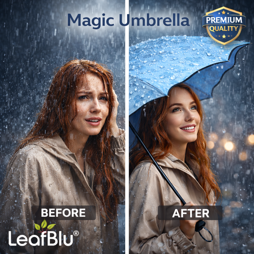 LeafBlu Magic Umbrella for Women & Girls | Waterproof & Windproof Folding Umbrella | Lightweight Compact Travel Umbrella | UV Protection Rain Umbrella | Premium Quality Portable Umbrella (Blue) Pack of 1