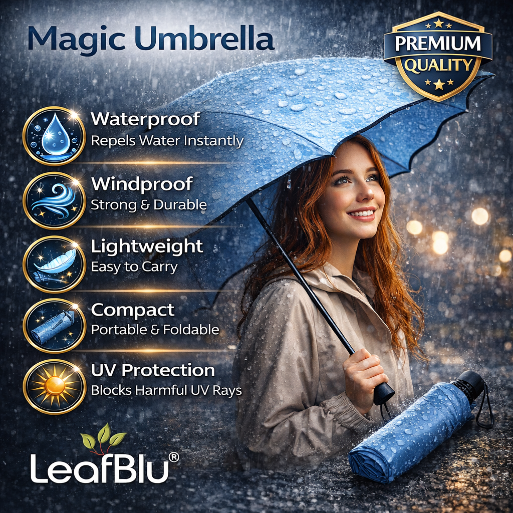 LeafBlu Magic Umbrella for Women & Girls | Waterproof & Windproof Folding Umbrella | Lightweight Compact Travel Umbrella | UV Protection Rain Umbrella | Premium Quality Portable Umbrella (Blue) Pack of 1