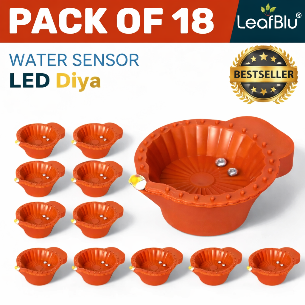 LeafBlu Smart Water Sensor LED Diyas (Pack of 18) | Flameless, Eco-Friendly & Reusable Decorative Lights for Diwali, Pooja & Home Décor