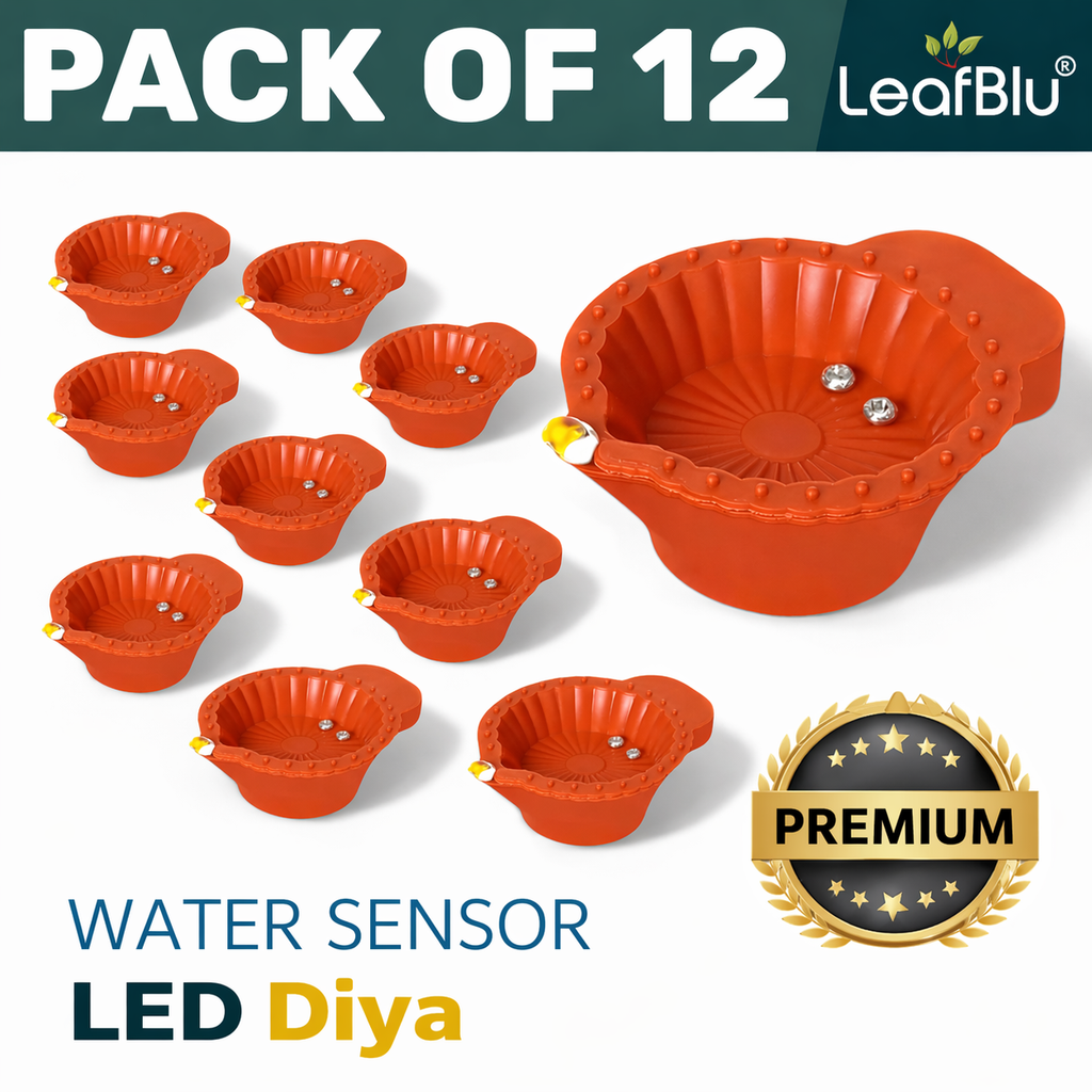LeafBlu Smart Water Sensor LED Diyas (Pack of 12) | Flameless, Eco-Friendly & Reusable Decorative Lights for Diwali, Pooja & Home Décor