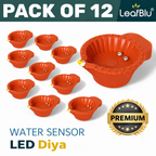 LeafBlu Smart Water Sensor LED Diyas (Pack of 12) | Flameless, Eco-Friendly & Reusable Decorative Lights for Diwali, Pooja & Home Décor