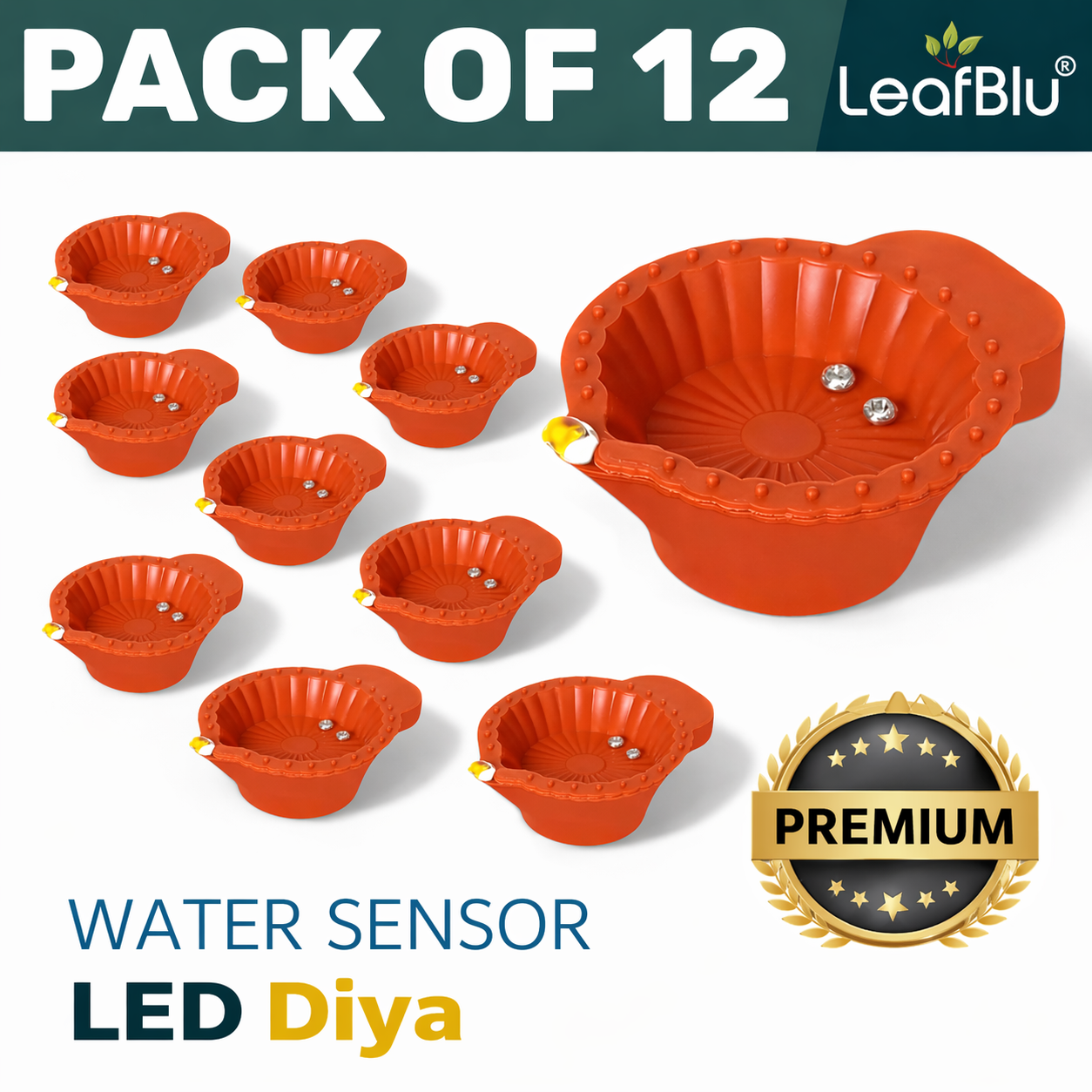 LeafBlu Smart Water Sensor LED Diyas (Pack of 12) | Flameless, Eco-Friendly & Reusable Decorative Lights for Diwali, Pooja & Home Décor