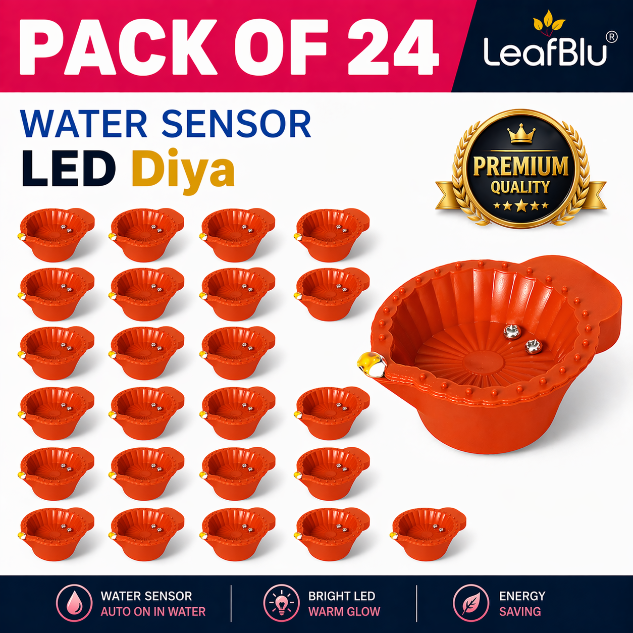 LeafBlu Smart Water Sensor LED Diyas (Pack of 24) | Flameless, Eco-Friendly & Reusable Decorative Lights for Diwali, Pooja & Home Décor