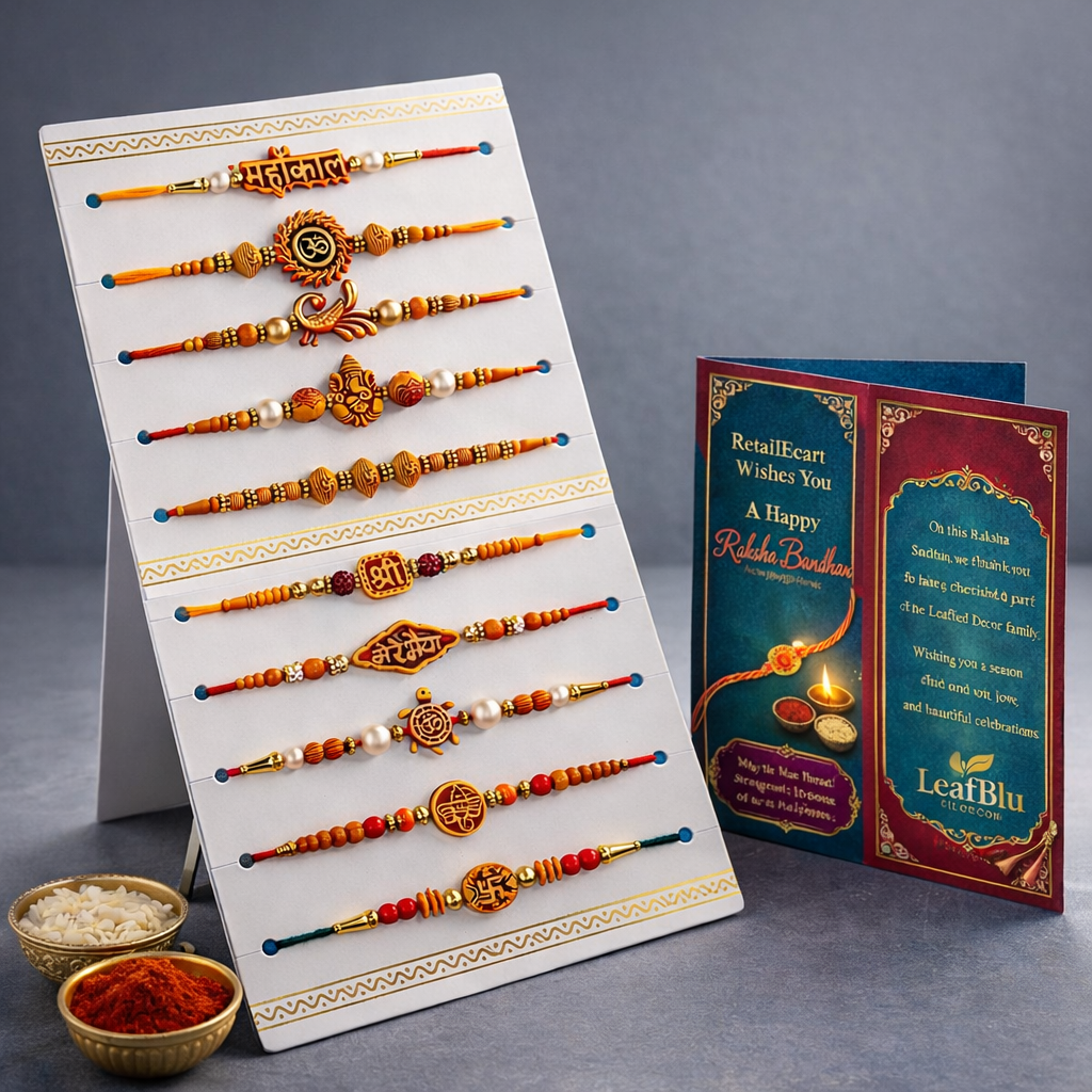 LeafBlu Traditional Thread Rakhi (Set Pack of 10 with Roli Chawal & Greeting Card) | Designer Rakhi Combo for Bhai & Brother | Stylish & Elegant Raksha Bandhan Gift Set (Pack of 1)