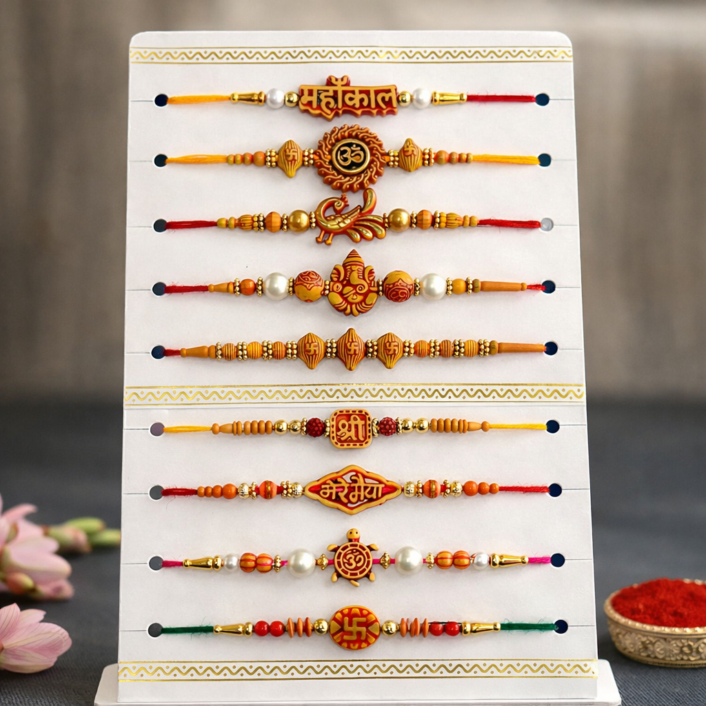 LeafBlu Traditional Thread Rakhi (Set Pack of 10 with Roli Chawal & Greeting Card) | Designer Rakhi Combo for Bhai & Brother | Stylish & Elegant Raksha Bandhan Gift Set (Pack of 1)