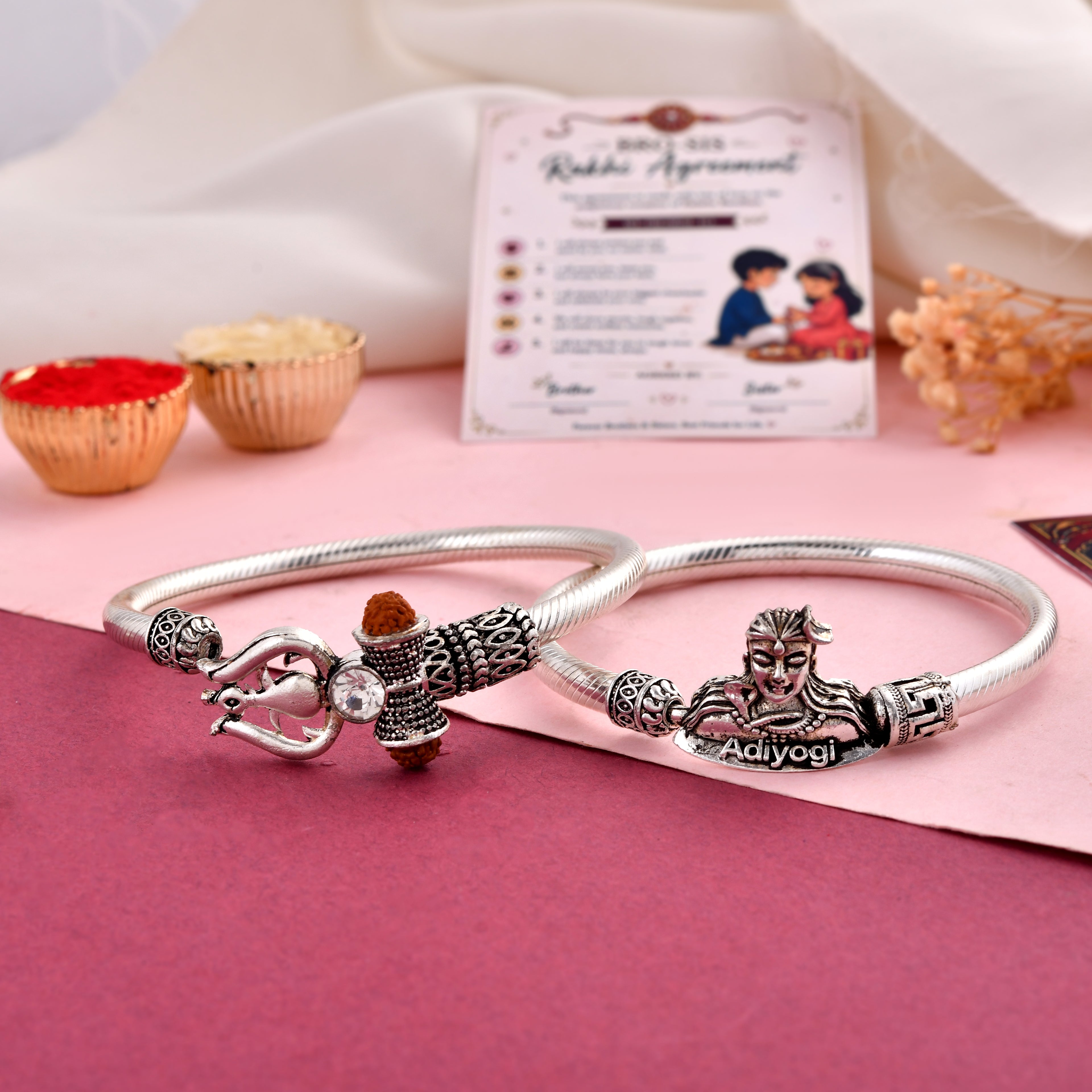 LeafBlu Premium Adiyogi & Shivling Couple Kada Bracelet Set for Men | Adjustable Silver Finish Spiritual Wrist Band