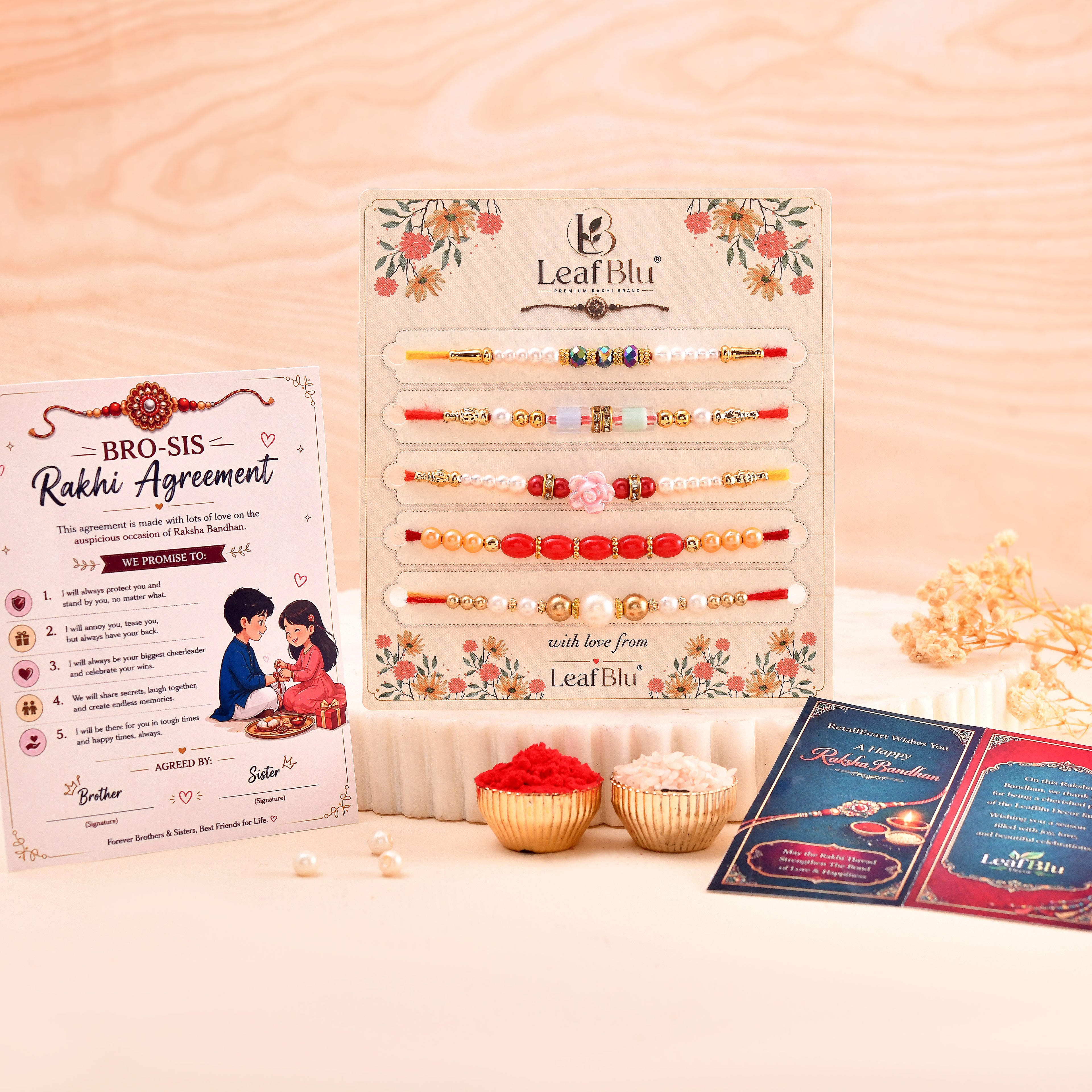 LeafBlu Premium Designer Rakhi Combo (Pack of 5) | Pearl & Beaded Rakhi Set