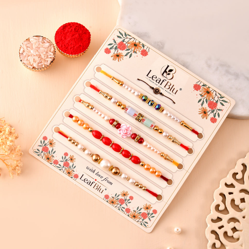 LeafBlu Premium Designer Rakhi Combo (Pack of 5) | Pearl & Beaded Rakhi Set