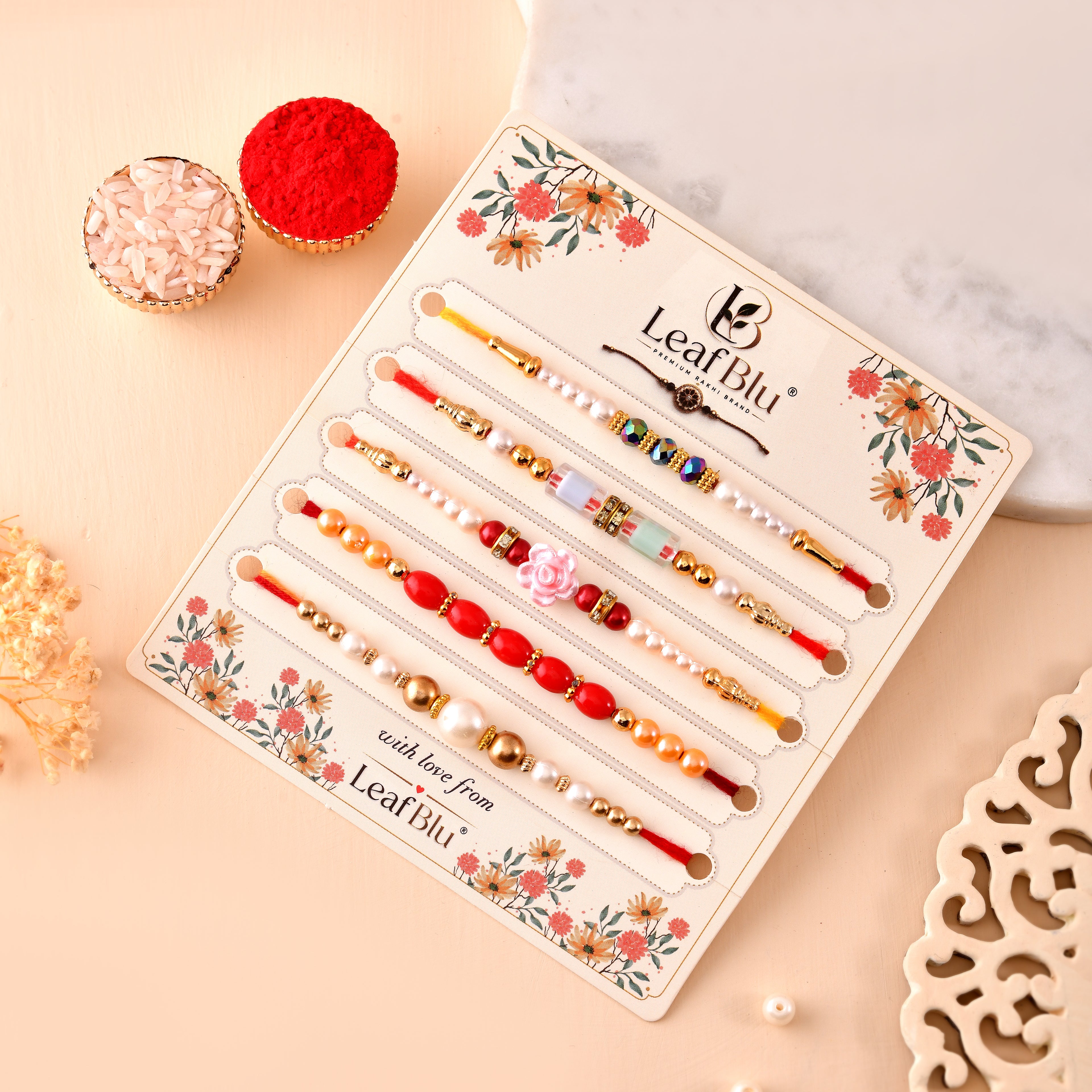 LeafBlu Premium Designer Rakhi Combo (Pack of 5) | Pearl & Beaded Rakhi Set