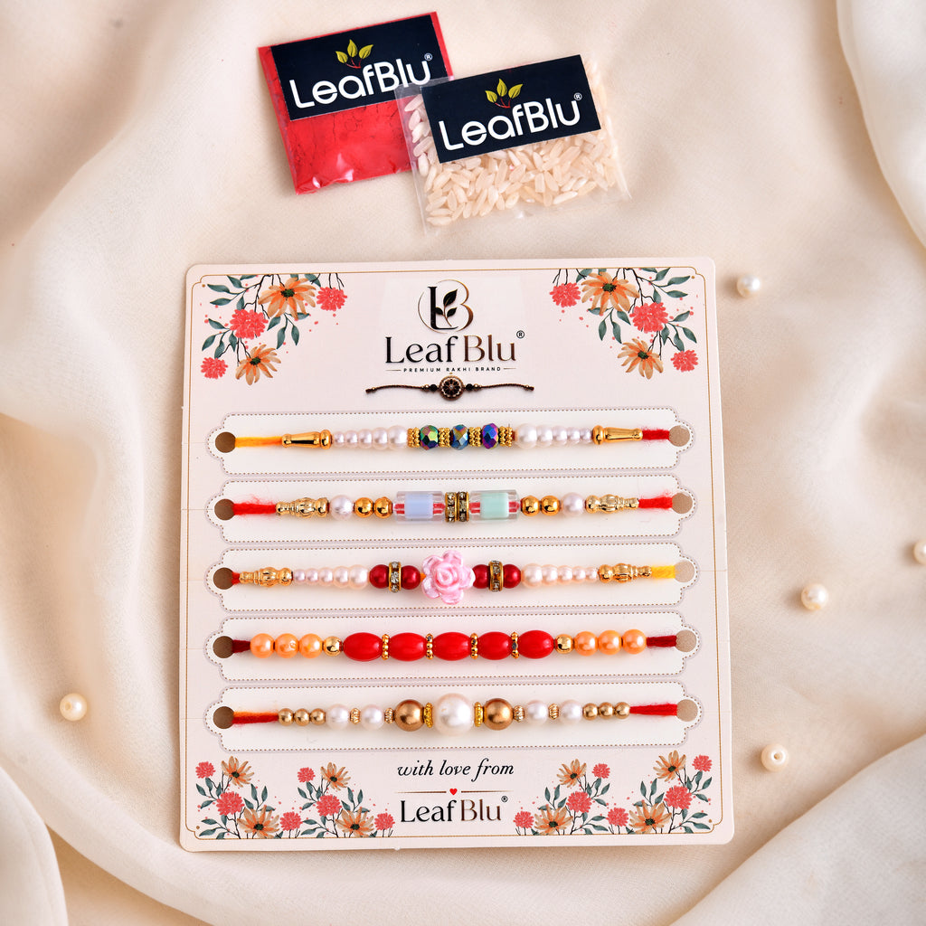 LeafBlu Premium Designer Rakhi Combo (Pack of 5) | Pearl & Beaded Rakhi Set