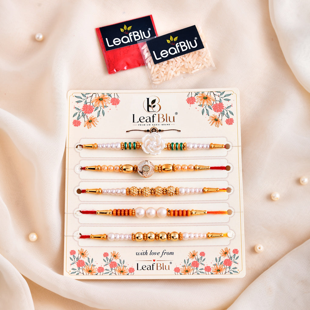 LeafBlu Premium Pearl Rakhi Combo (Pack of 5) | Elegant Designer Rakhi Set