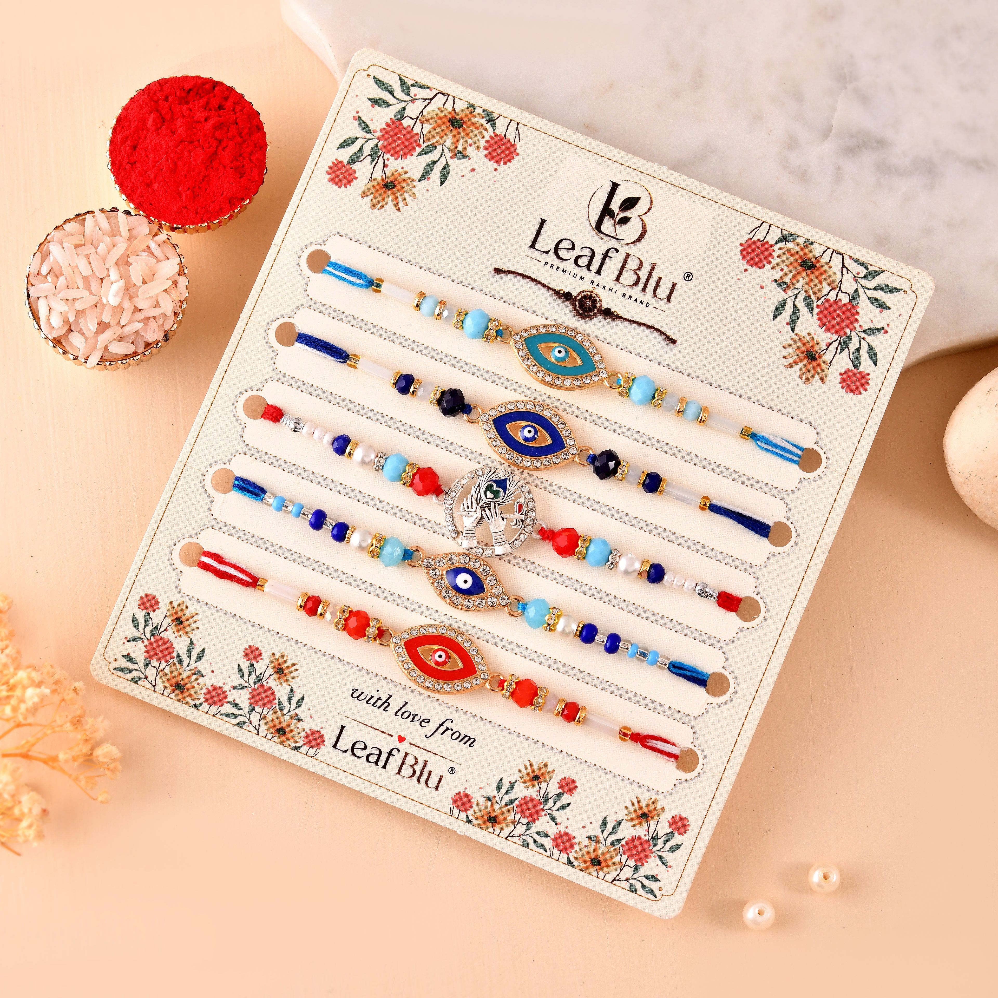 LeafBlu Premium Evil Eye Rakhi Combo Pack of 5 | Designer Nazar Rakhi Set (Pack of 5)