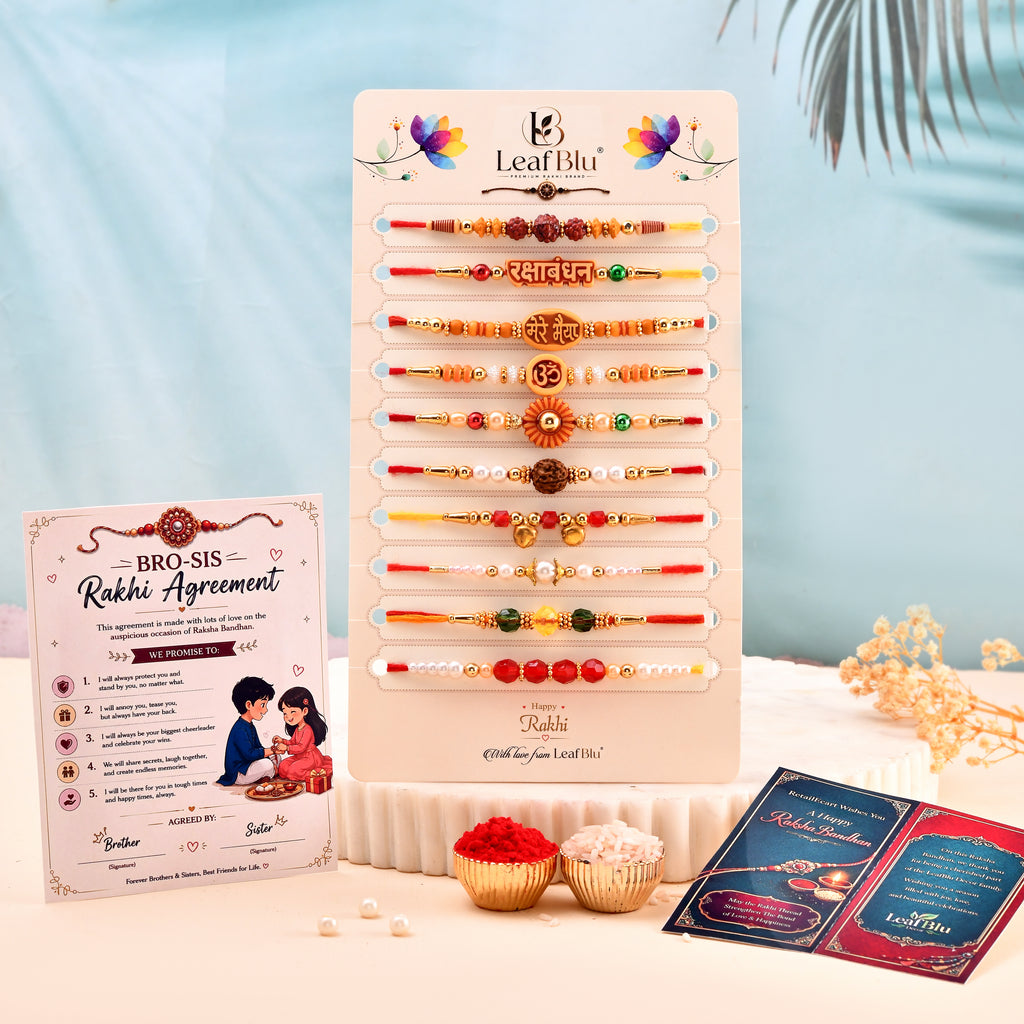 LeafBlu Premium Rakhi Combo Set for Brother | Pack of 10 Designer Rakhis