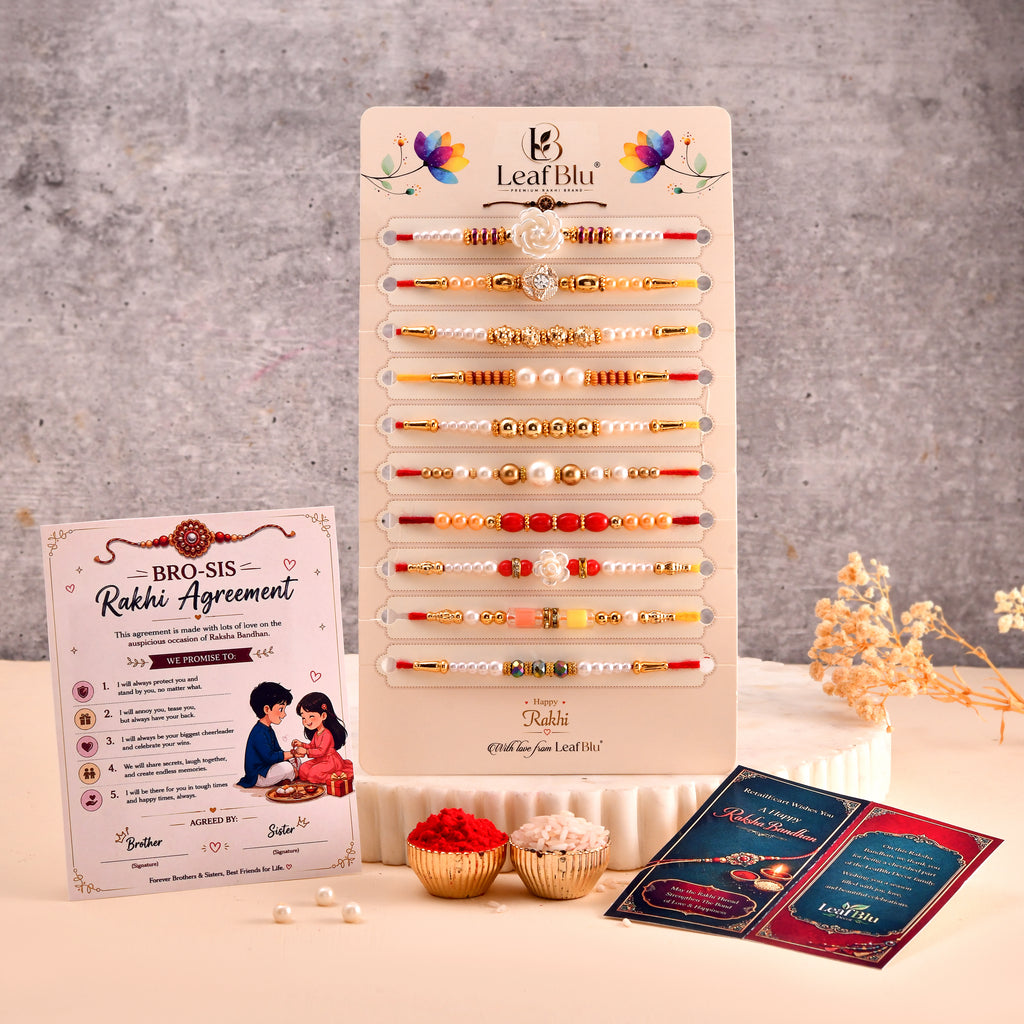 LeafBlu Premium Designer Rakhi Combo Set for Sister | Pack of 10 Elegant Rakhis