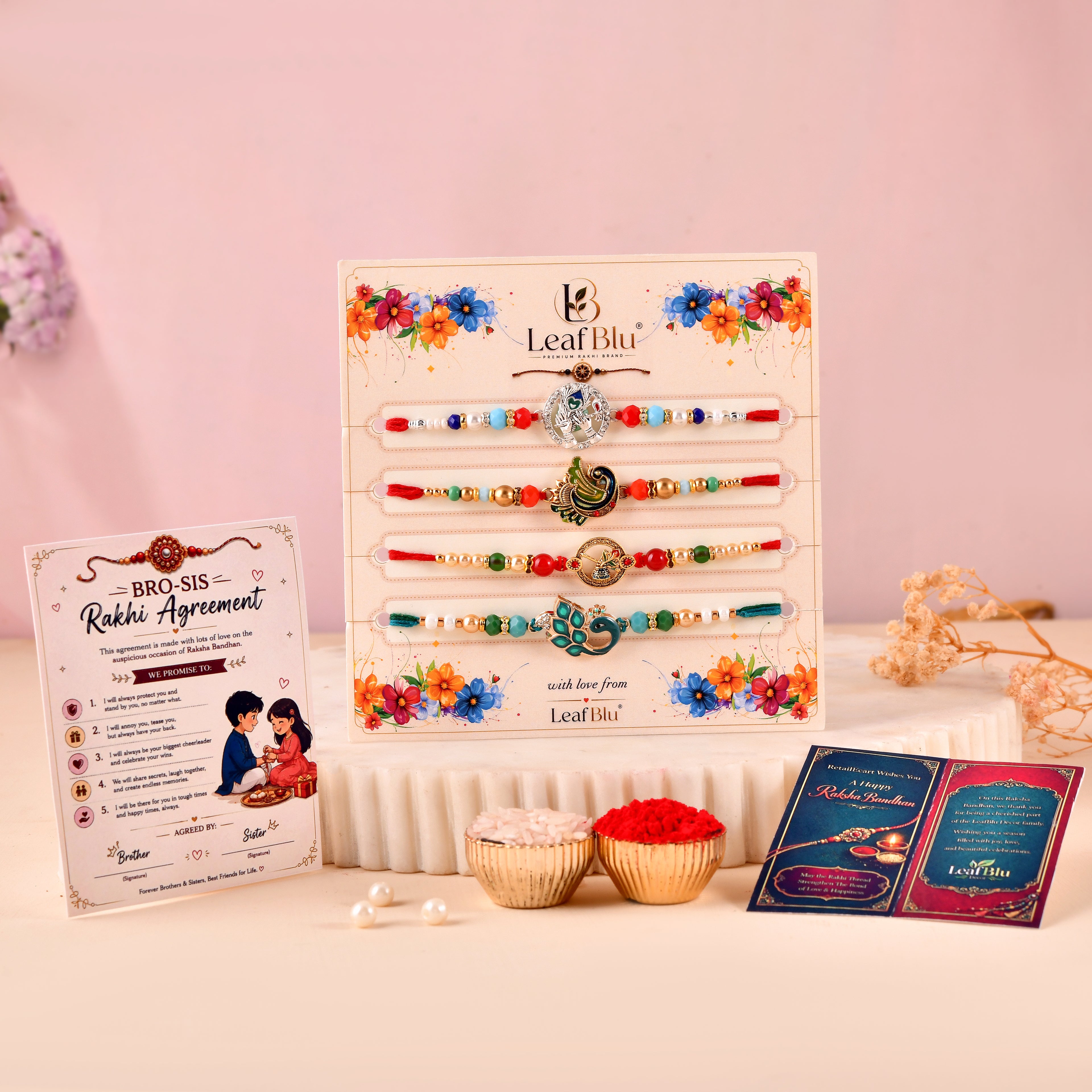 LeafBlu Premium Peacock Designer Rakhi Combo Set | Pack of 4 Fancy Rakhis