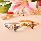 LeafBlu Premium Designer Kada Rakhi Combo Pack of 2 for Brother | Gold & Silver Rudraksha Adjustable Rakhi Set | Raksha Bandhan Gift with Greeting Card