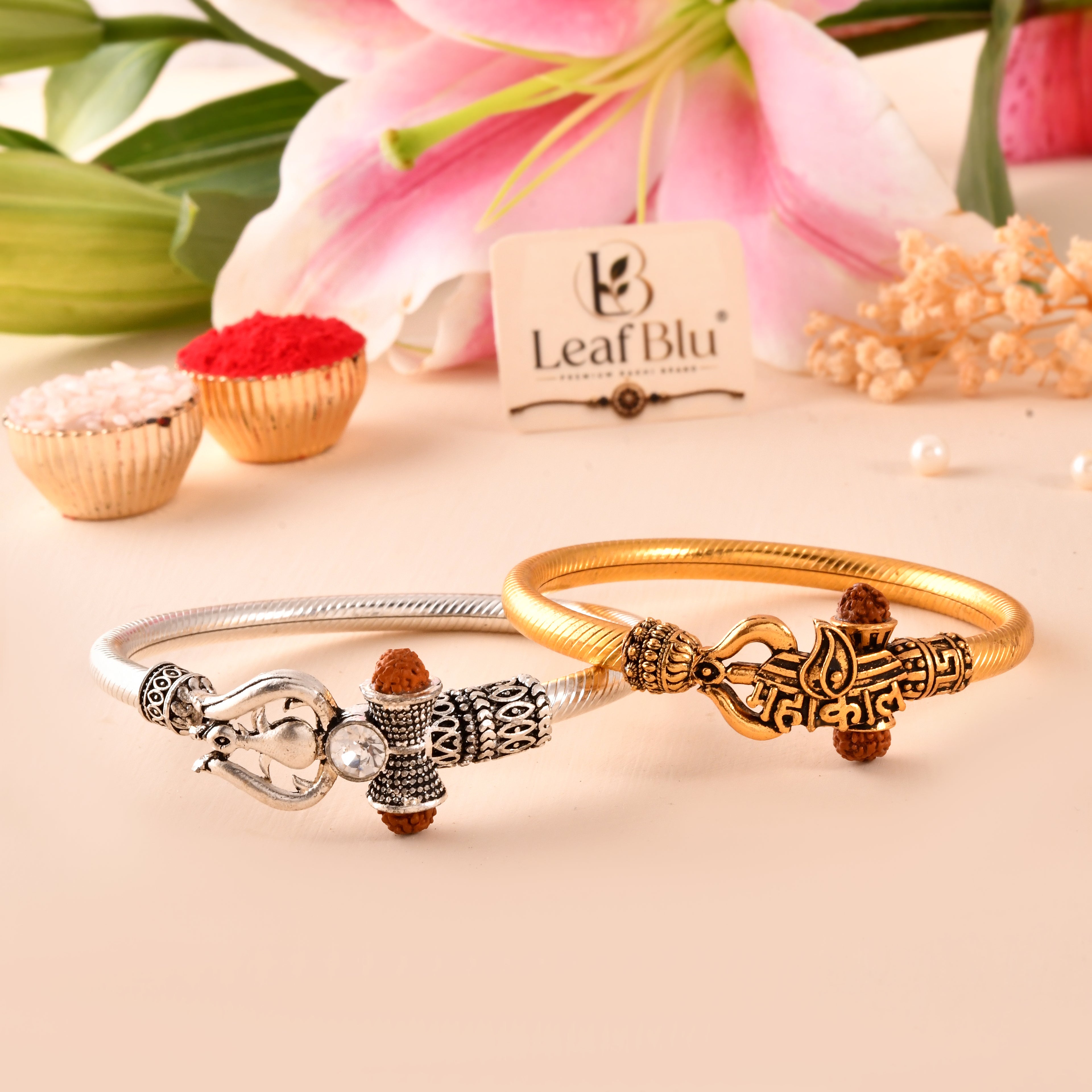LeafBlu Premium Designer Kada Rakhi Combo Pack of 2 for Brother | Gold & Silver Rudraksha Adjustable Rakhi Set | Raksha Bandhan Gift with Greeting Card