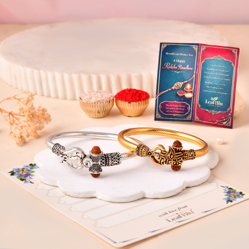 LeafBlu Premium Designer Kada Rakhi Combo Pack of 2 for Brother | Gold & Silver Rudraksha Adjustable Rakhi Set | Raksha Bandhan Gift with Greeting Card
