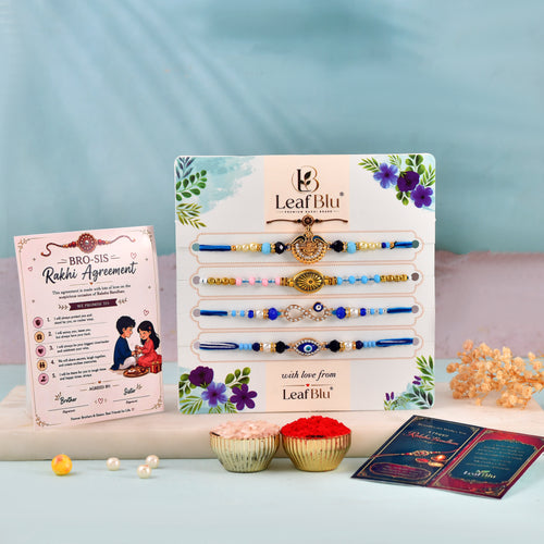 LeafBlu Evil Eye & Designer Rakhi Combo | Premium Rakhi Set Pack of 4