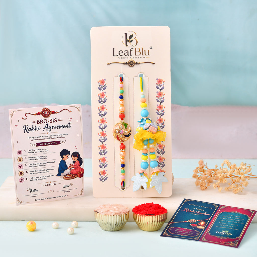 LeafBlu Bhai Bhabhi Rakhi Lumba Set with Rakhi Agreement Card & Greeting Card | Designer Raksha Bandhan Gift Combo (pack of 1)