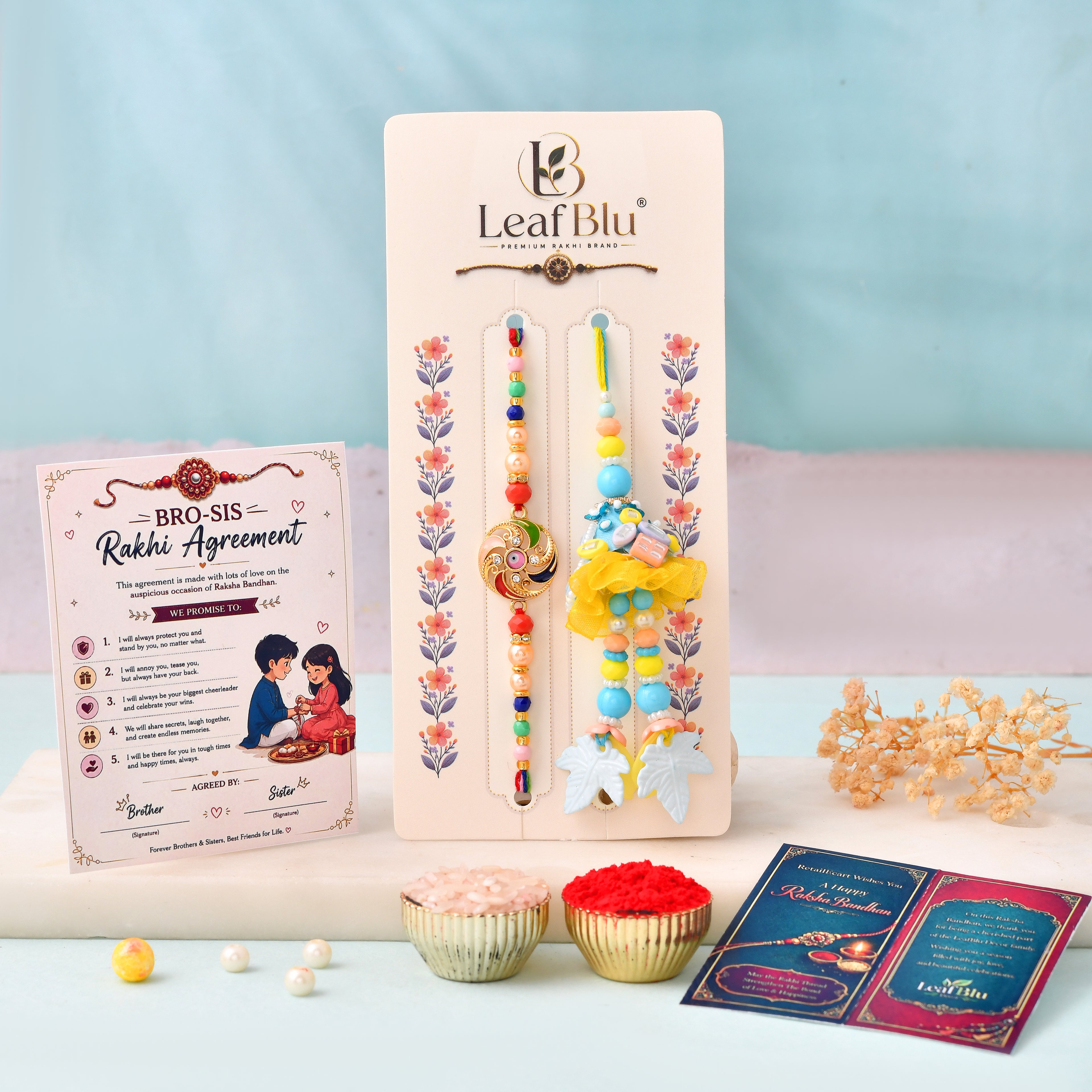 LeafBlu Bhai Bhabhi Rakhi Lumba Set with Rakhi Agreement Card & Greeting Card | Designer Raksha Bandhan Gift Combo (pack of 1)