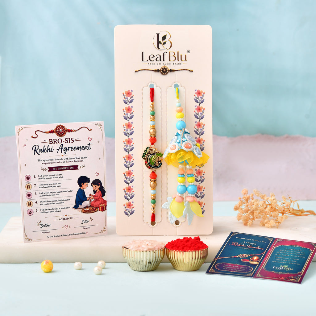 LeafBlu Premium Peacock Bhai Bhabhi Rakhi Lumba Set with Rakhi Agreement Card, Greeting Card & Roli Chawal | Designer Handmade Raksha Bandhan Gift Combo