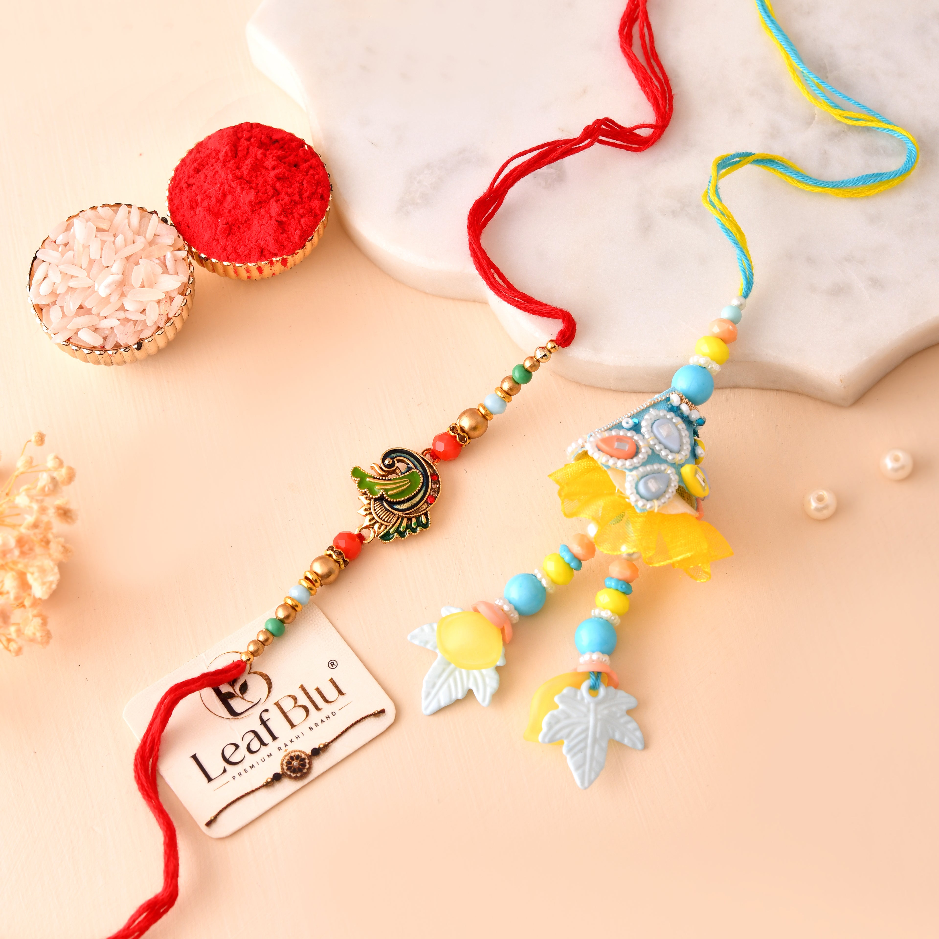 LeafBlu Premium Peacock Bhai Bhabhi Rakhi Lumba Set with Rakhi Agreement Card, Greeting Card & Roli Chawal | Designer Handmade Raksha Bandhan Gift Combo