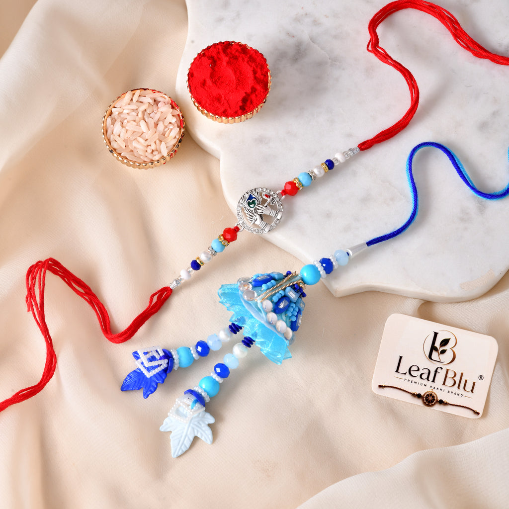 LeafBlu Shree Krishna Bhai Bhabhi Rakhi Lumba Set with Rakhi Agreement Card, Greeting Card & Roli Chawal | Premium Designer Handmade Raksha Bandhan Gift Combo
